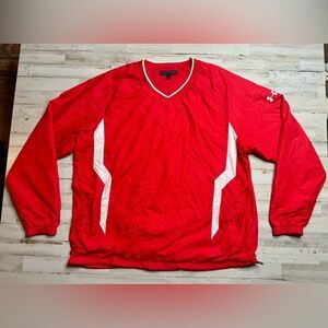 Under Armour Red White VNeck Lined Poly Windbreaker Pullover Drawstring Men 2XL